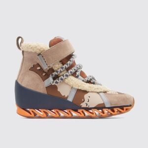 Camper Women's Beige and Navy High-Top Sneakers with Orange Sole